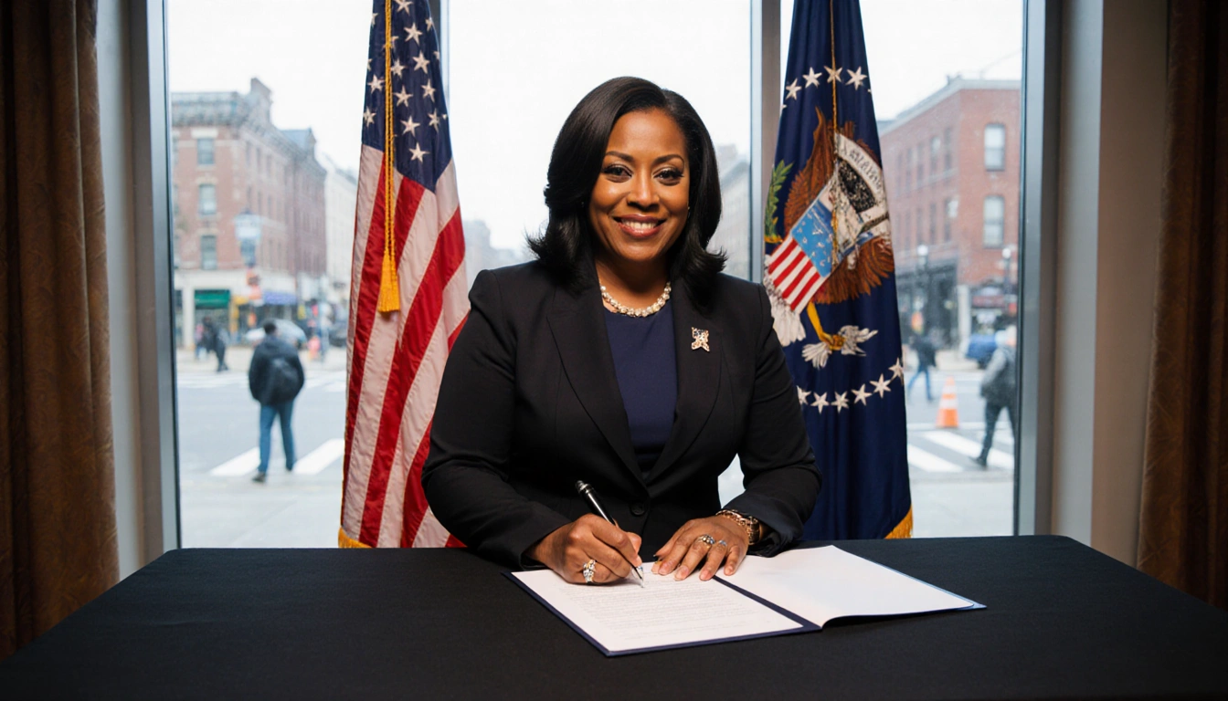 Mayor Cherelle Parker signing an executive order with American flag behind and city streets showing homeless people