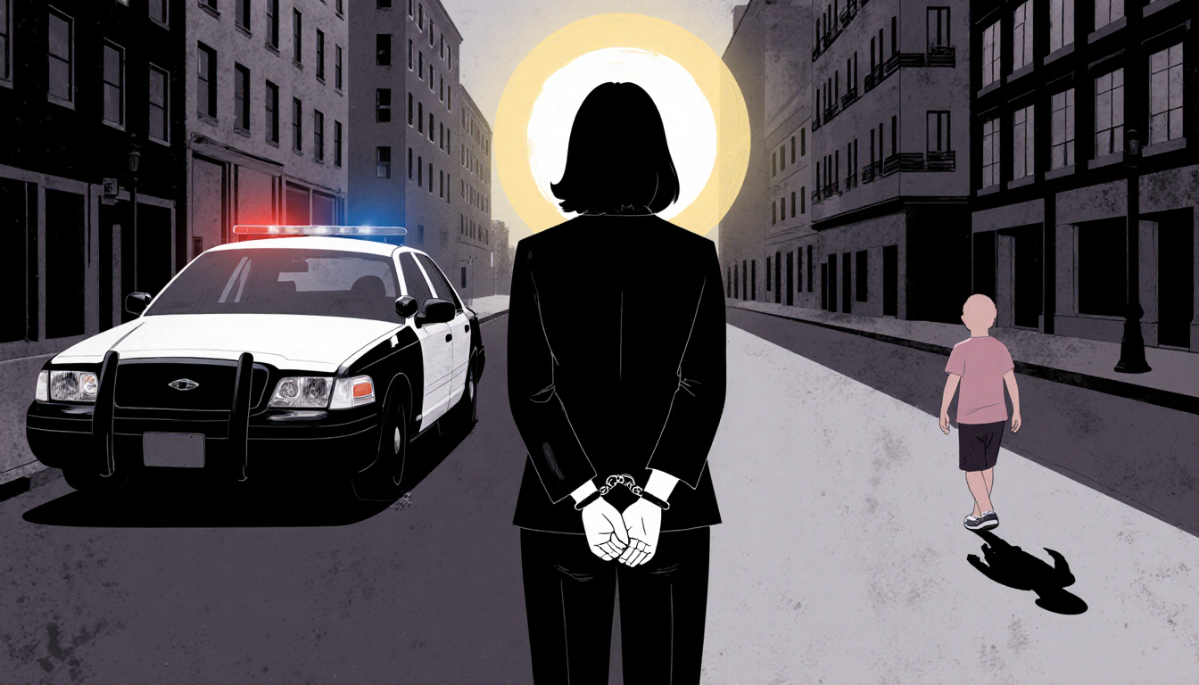 Mayor Gina LaPlaca standing with cuffed hands behind her back with halo of light near police vehicle and child walking away