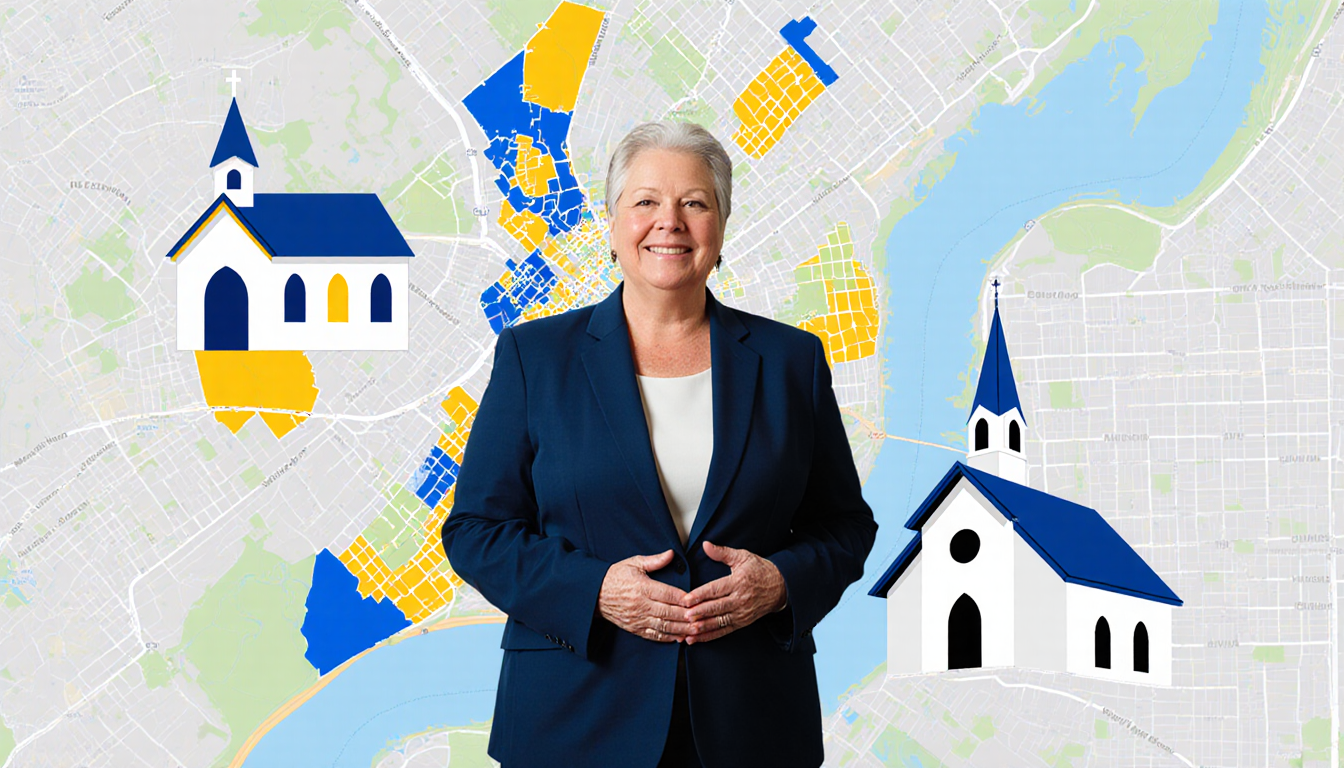 Mayor Parker standing in front of a city map highlighting church buildings with three church icons nearby