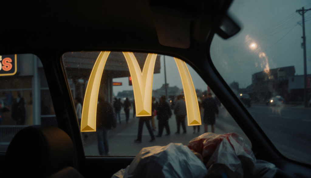 Golden arches reflecting in car glass with faint light from ajar McDonald