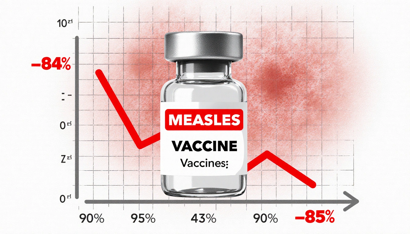 Measles vaccine vial with red warning label shows declining vaccination rate graph and a blurred measles rash background.