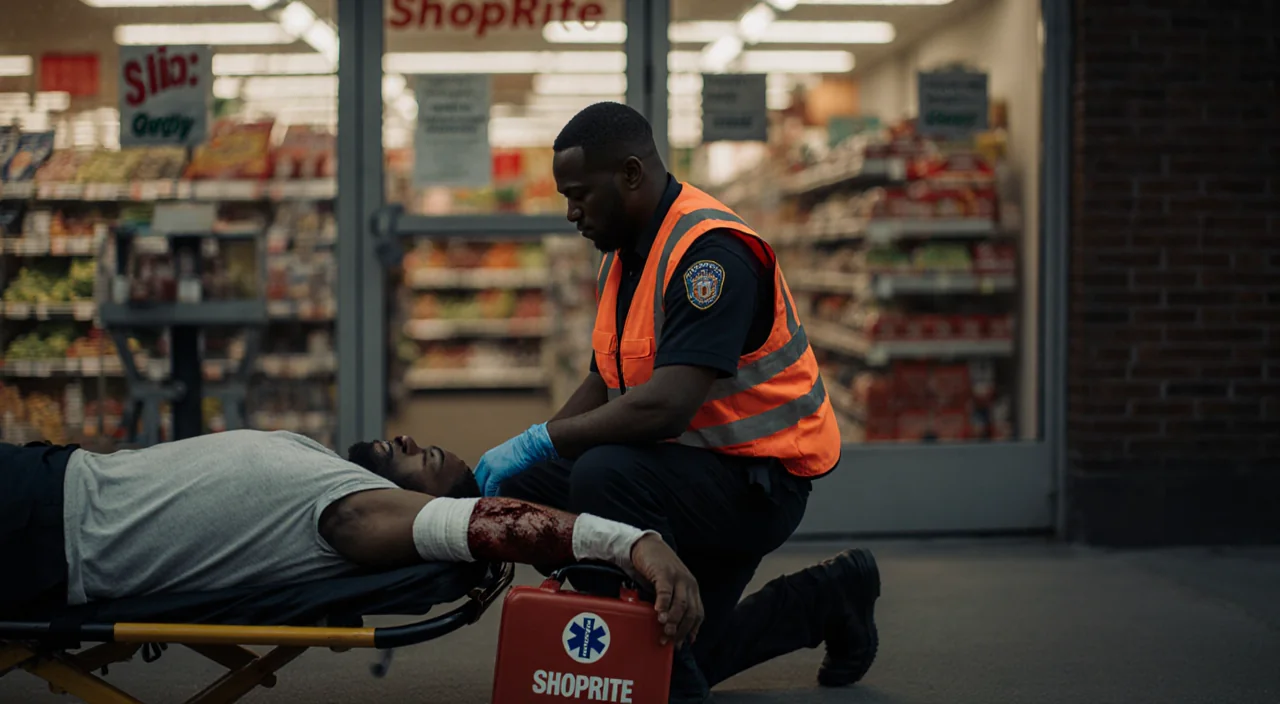 Medical responder kneeling beside a wounded man on a stretcher with a first aid kit and a gunshot wound near a grocery store.