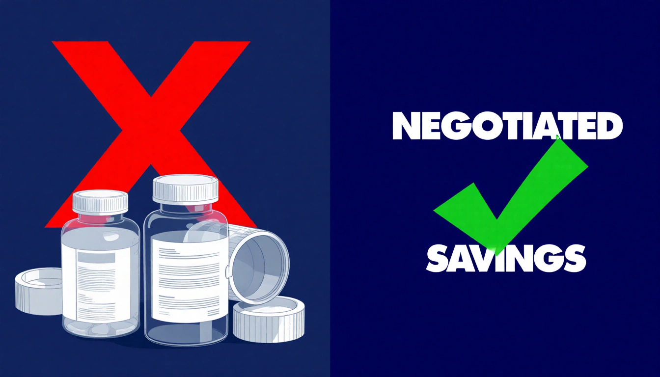 Red X marks empty pill bottles while green checkmark highlights open bottle with Medicare drug savings on dark blue backgroun
