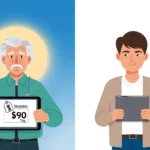 Senior holds tablet with skyrocketing price tag while younger adult shows tablet with lowered price tag Medicare reforms
