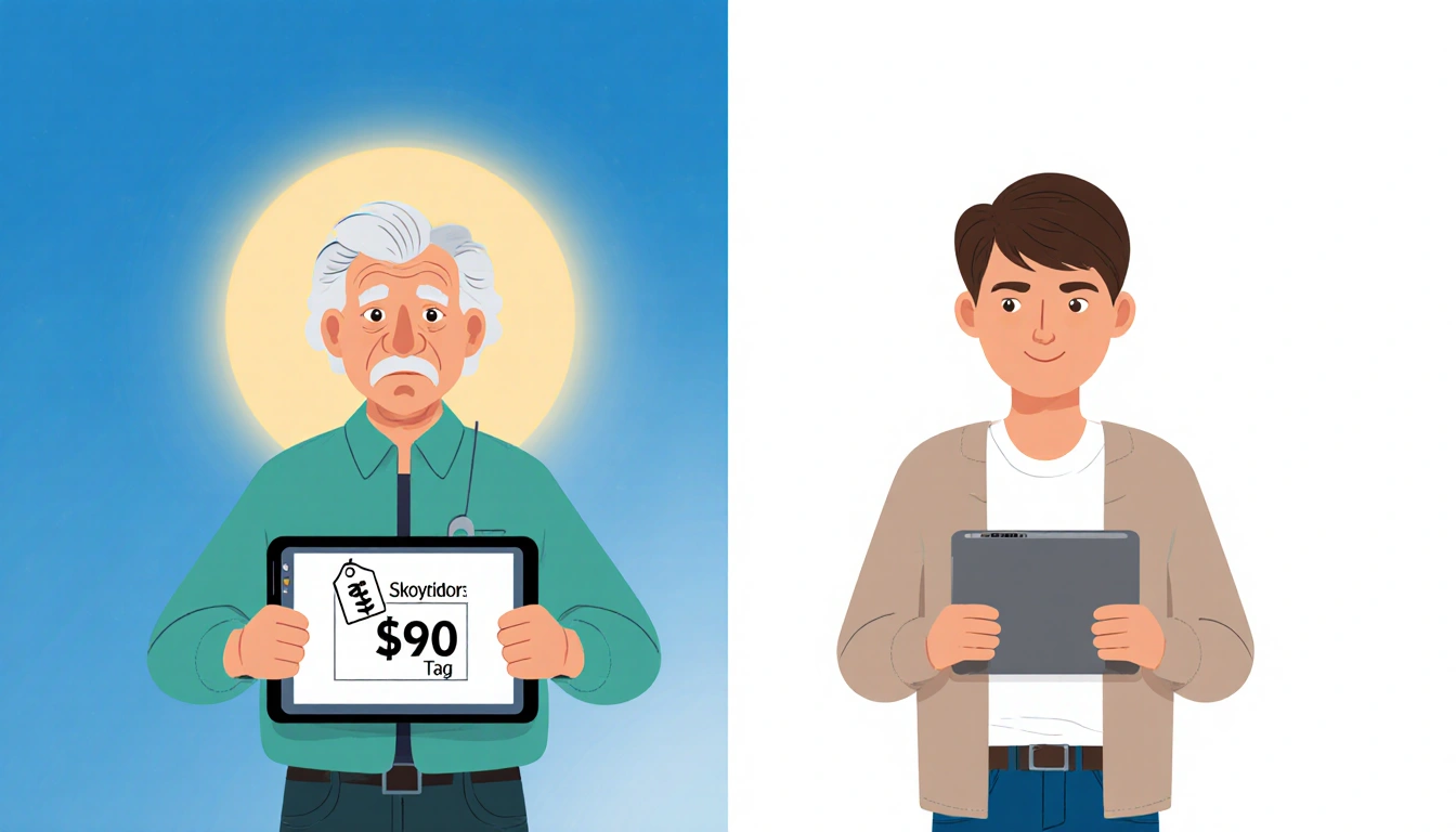 Senior holds tablet with skyrocketing price tag while younger adult shows tablet with lowered price tag Medicare reforms
