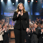 Melissa McCarthy delivering a joke on SNL with microphone and warm stage lights while a packed audience applauds