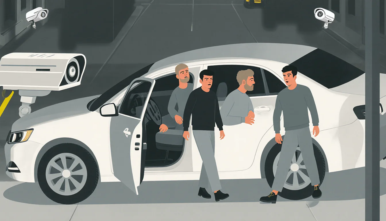 Three men entering a white sedan with clear faces and suspects captured by surveillance footage and nearby security cameras i