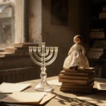 Lenci doll sits atop stack of documents with faded glass menorah and yellowed papers in a Jewish archive scene