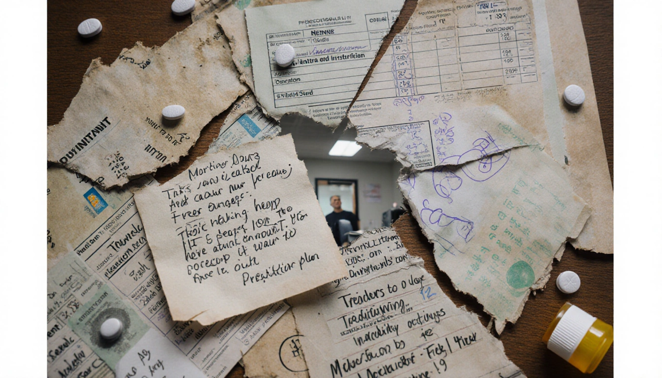 Collage fragments torn medical charts and scribbled notes with muted colors and faint psychiatrist office, hinting at treatme