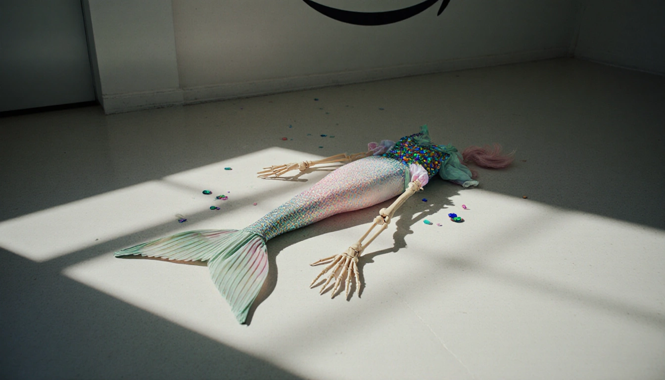 Mermaid costume lying abandoned on sterile white floor with faint Amazon logo in background
