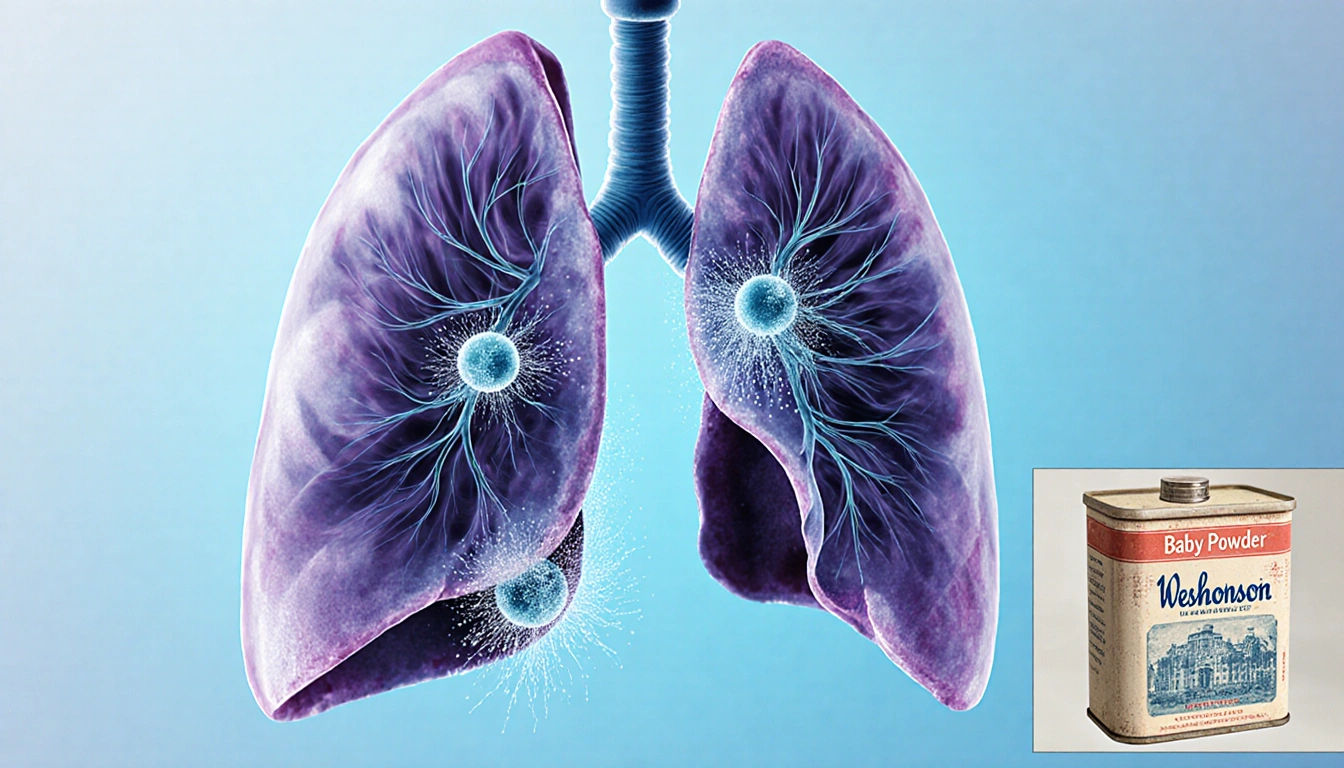 Mesothelioma cells grow on lung lining with swirling asbestos fibers and a tiny baby powder container inset