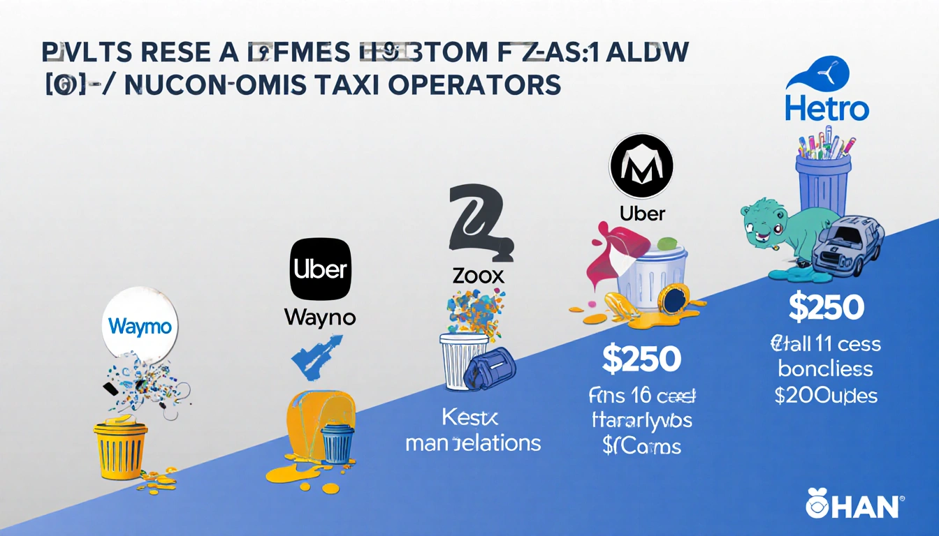 Infographic shows tiered fines for taxis with icons and dollar amounts beside trash cans and spills on a gray blue gradient.
