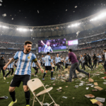 Fans storming onto the field at Salt Lake Stadium with overturned chairs and security in riot gear near Messi