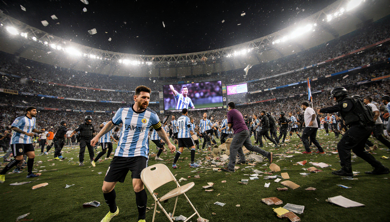 Fans storming onto the field at Salt Lake Stadium with overturned chairs and security in riot gear near Messi