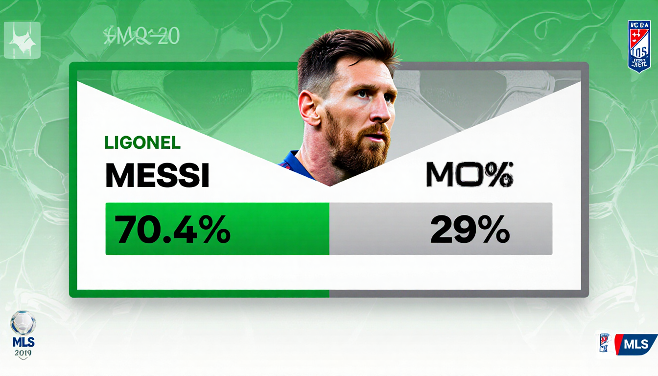 Messi name splits screen with green 70.4% bar on left and grey 29.6% bar on right soccer graphics and MLS branding.