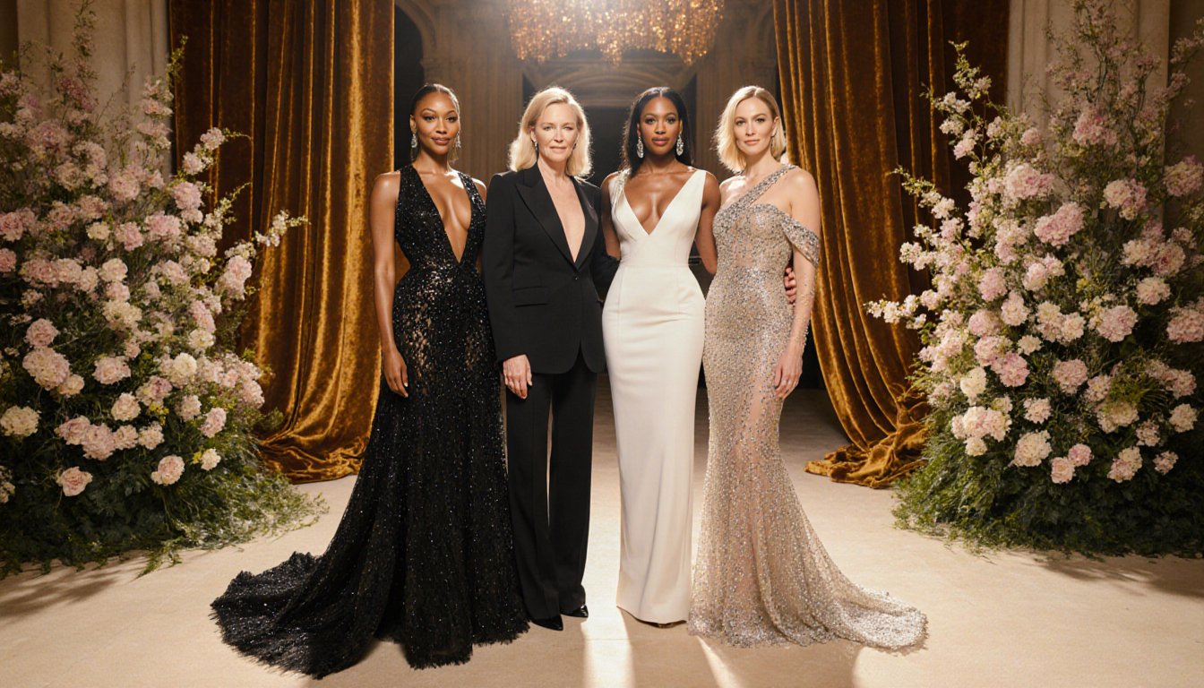 Four powerful women stand together at the entrance of the Metropolitan Museum of Art with elegant gowns and confident express