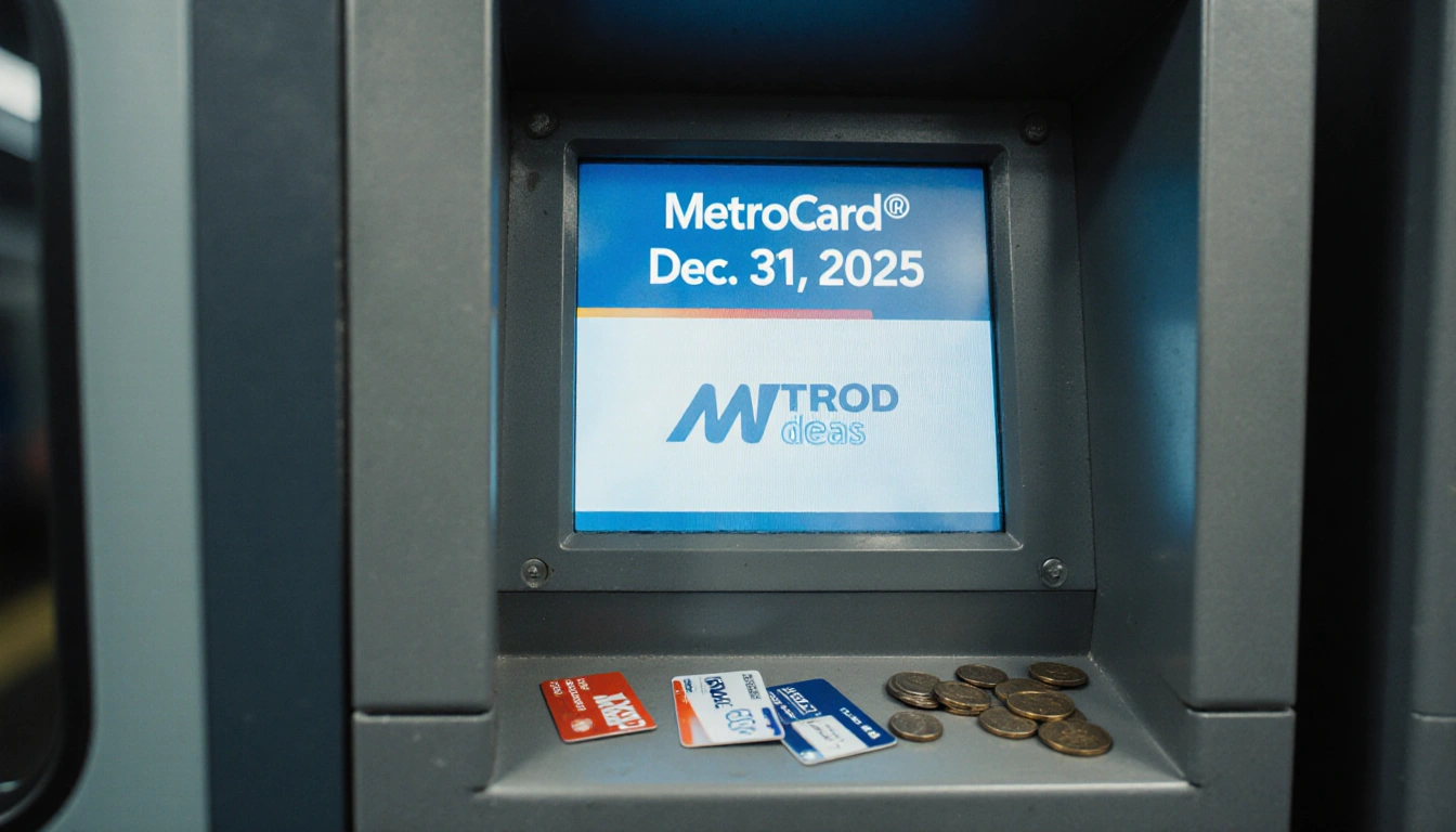 Empty MetroCard vending machine shows Dec 31 2025 on screen with scattered cards and coins in foreground