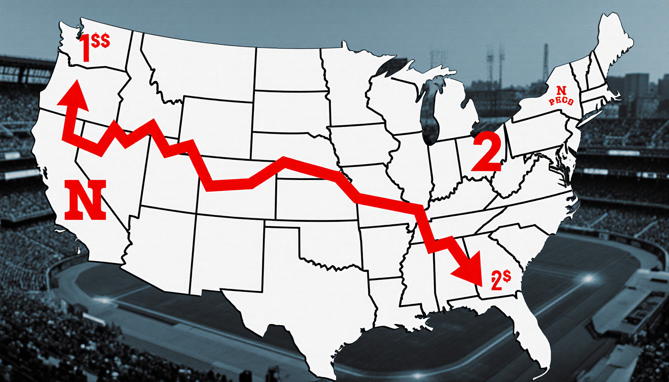 Stadium map shows Mets standings slumping with red arrows and blurred Citi Field background.