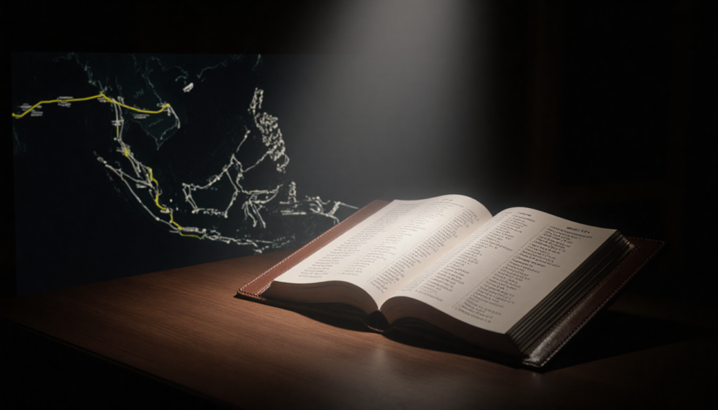 Spotlight shines on open book of MH370 names in dim courtroom with blurred flight path background