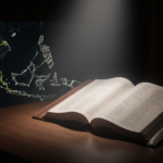 Spotlight shines on open book of MH370 names in dim courtroom with blurred flight path background