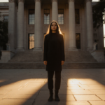Mia Tretta standing in front of Brown University library at dusk with warm light casting long shadows and columns visible
