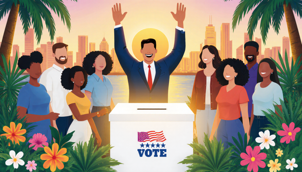 Mayor-elect celebrates with raised hands beside a bright ballot box surrounded by diverse Miami residents and tropical foliag