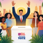 Mayor-elect celebrates with raised hands beside a bright ballot box surrounded by diverse Miami residents and tropical foliag