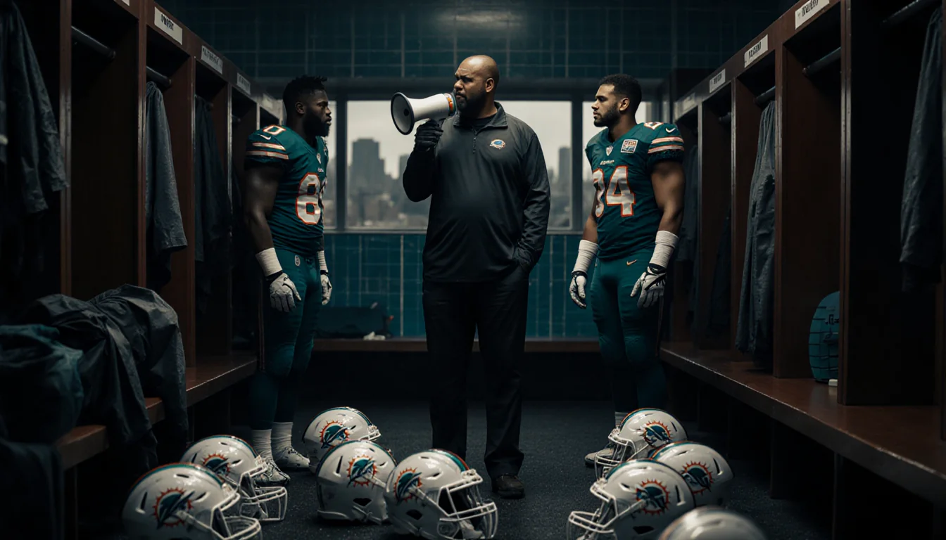 Coach McDaniel addressing players with rain gear and a loudspeaker in a dim locker room with scattered football helmets