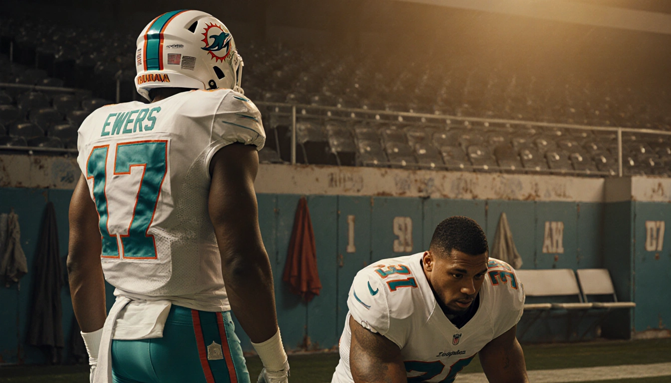 Miami Dolphins player Quinn Ewers stands on sidelines with Tua Tagovailoa dejected on bench and empty seats behind