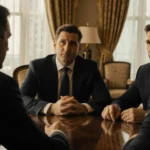 Three men sitting around a polished wooden table conversing with warm golden light and luxurious Miami hotel suite background