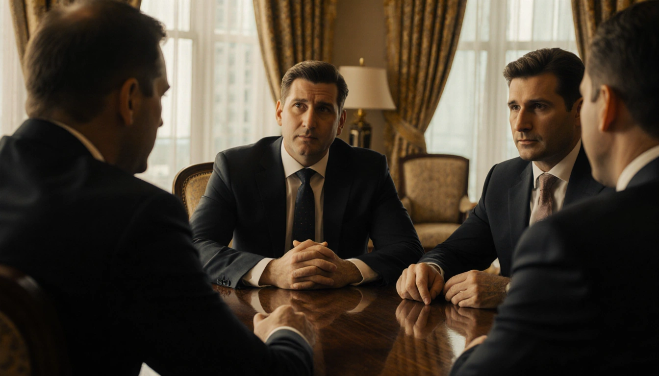 Three men sitting around a polished wooden table conversing with warm golden light and luxurious Miami hotel suite background