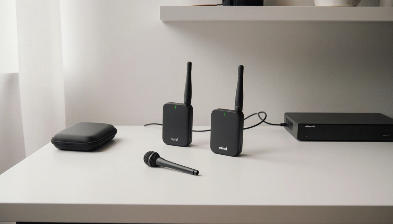 Mic Mini Bundle with two wireless transmitters sits on a desk with cable management and a nearby receiver