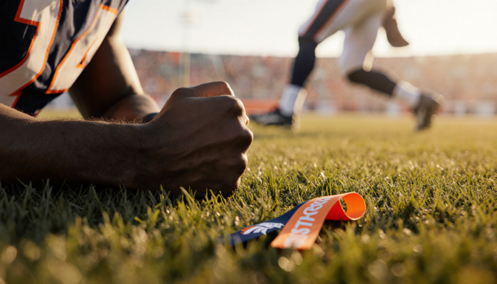 Micah Parsons rests a clenched fist on field grass with a torn ACL ribbon nearby and a blurred Denver player in motion