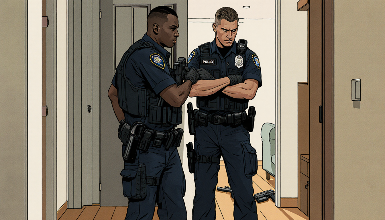 Police officers arresting Micah Sykes with arms behind back gear inside a house with weapon outline.