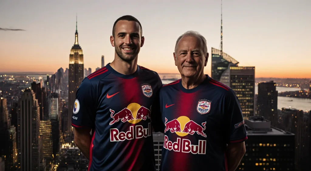 Michael Bradley standing beside his father Bob Bradley with New York Red Bulls jerseys in a sunset Manhattan skyline
