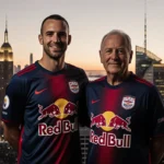 Michael Bradley standing beside his father Bob Bradley with New York Red Bulls jerseys in a sunset Manhattan skyline