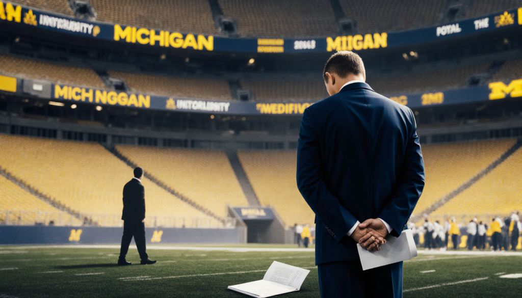 Michigan football coach bows with hands clasped behind back beside a folder on a dim stadium backdrop showing regret
