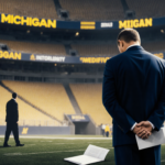 Michigan football coach bows with hands clasped behind back beside a folder on a dim stadium backdrop showing regret