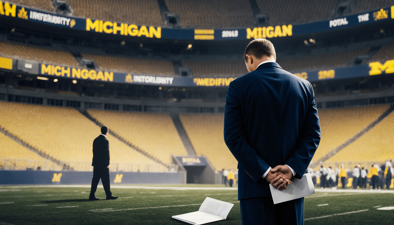 Michigan football coach bows with hands clasped behind back beside a folder on a dim stadium backdrop showing regret