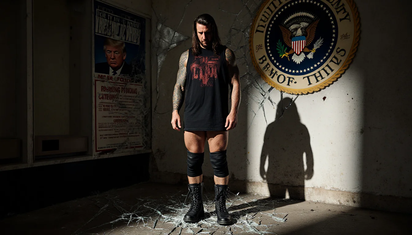 Mick Foley standing with his eyes down in a locker room with shattered mirror faded posters and wrestling boots showing defia