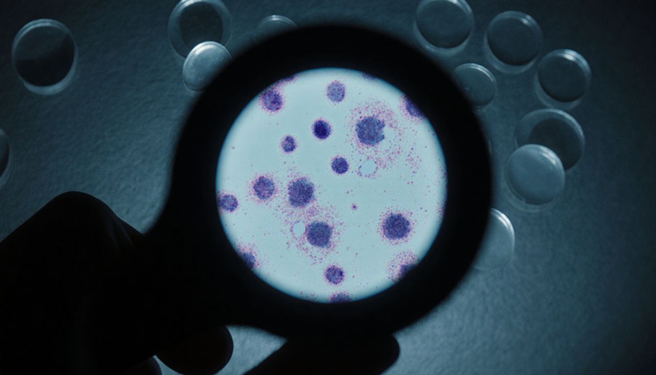 Microscope slide shows cancer cells with faint glow in laboratory texture background