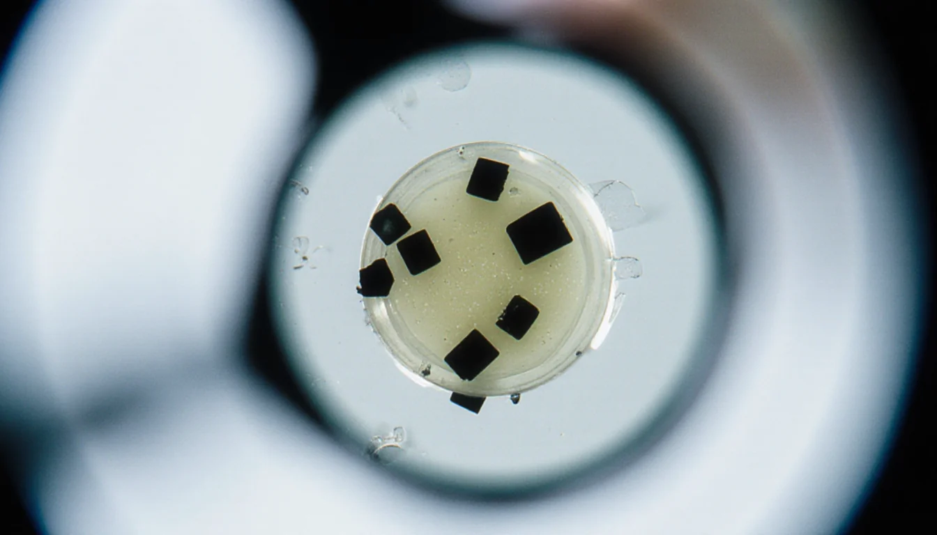 Magnified microscope slide displays onion sample with irregular black plastic fragments