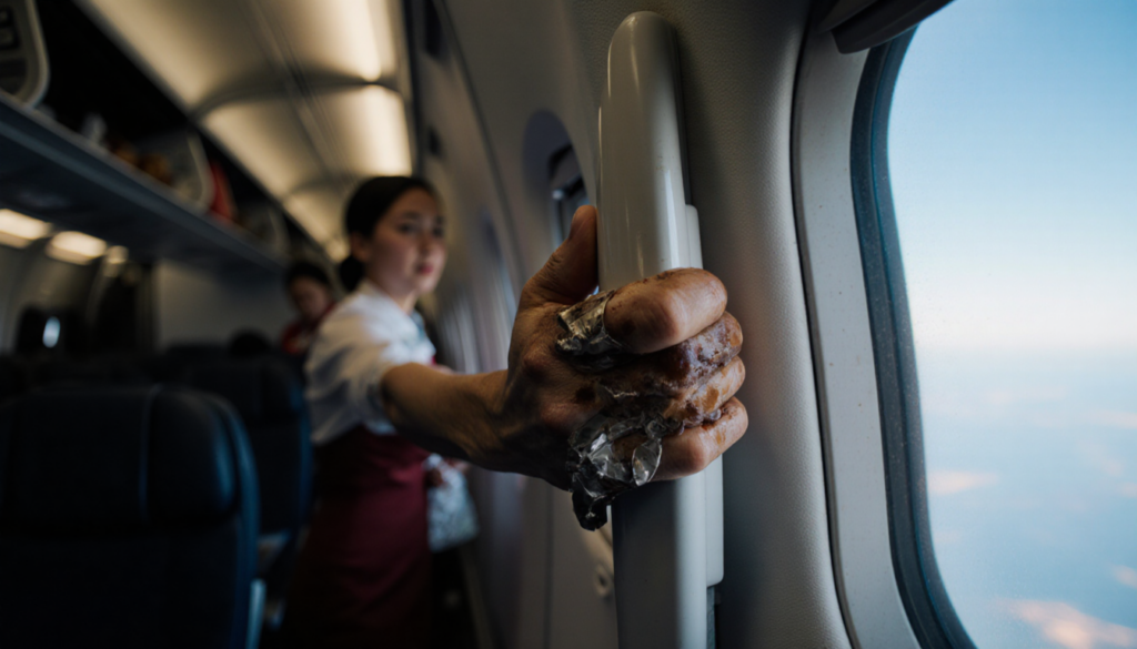 Passenger grasping airplane window handle with sky visible through open door and tense face