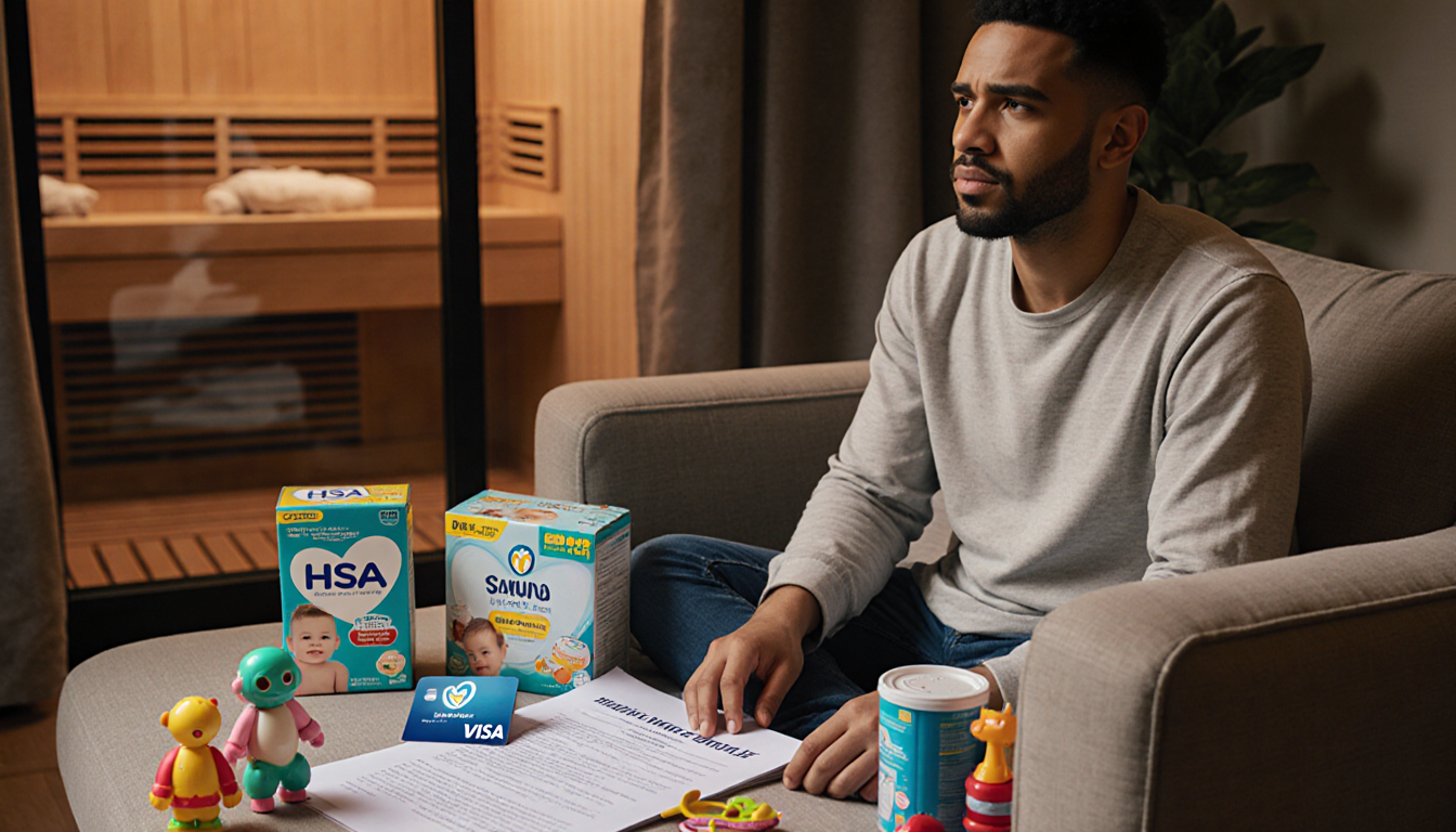Parent sits on couch with diapers toys and an HSA card next to a window showing a spa highlighting healthcare inequality.