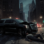 Black Cadillac SUV collides with pedestrian with twisted front and emergency lights flashing over Midtown Manhattan skyline
