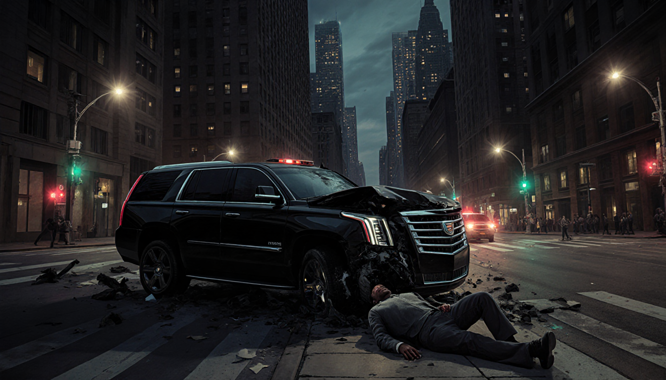 Black Cadillac SUV collides with pedestrian with twisted front and emergency lights flashing over Midtown Manhattan skyline