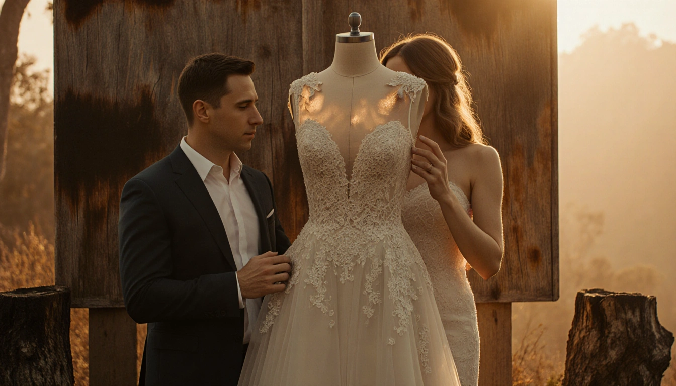 Miles Teller handing Keleigh Teller her remade wedding dress with golden light and a charred tree stump in background.