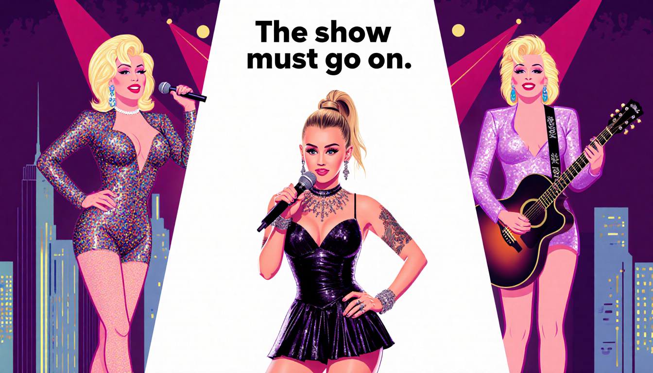 Miley Cyrus standing confidently with a microphone in a bright spotlight and Dolly Parton's silhouette near the stage