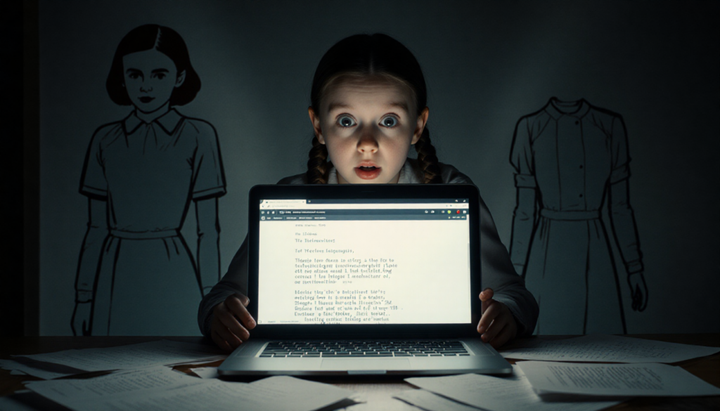 Millie Bobby Brown reads cryptic laptop screen with scattered scripts and faint Eleven outline on wall