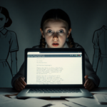 Millie Bobby Brown reads cryptic laptop screen with scattered scripts and faint Eleven outline on wall